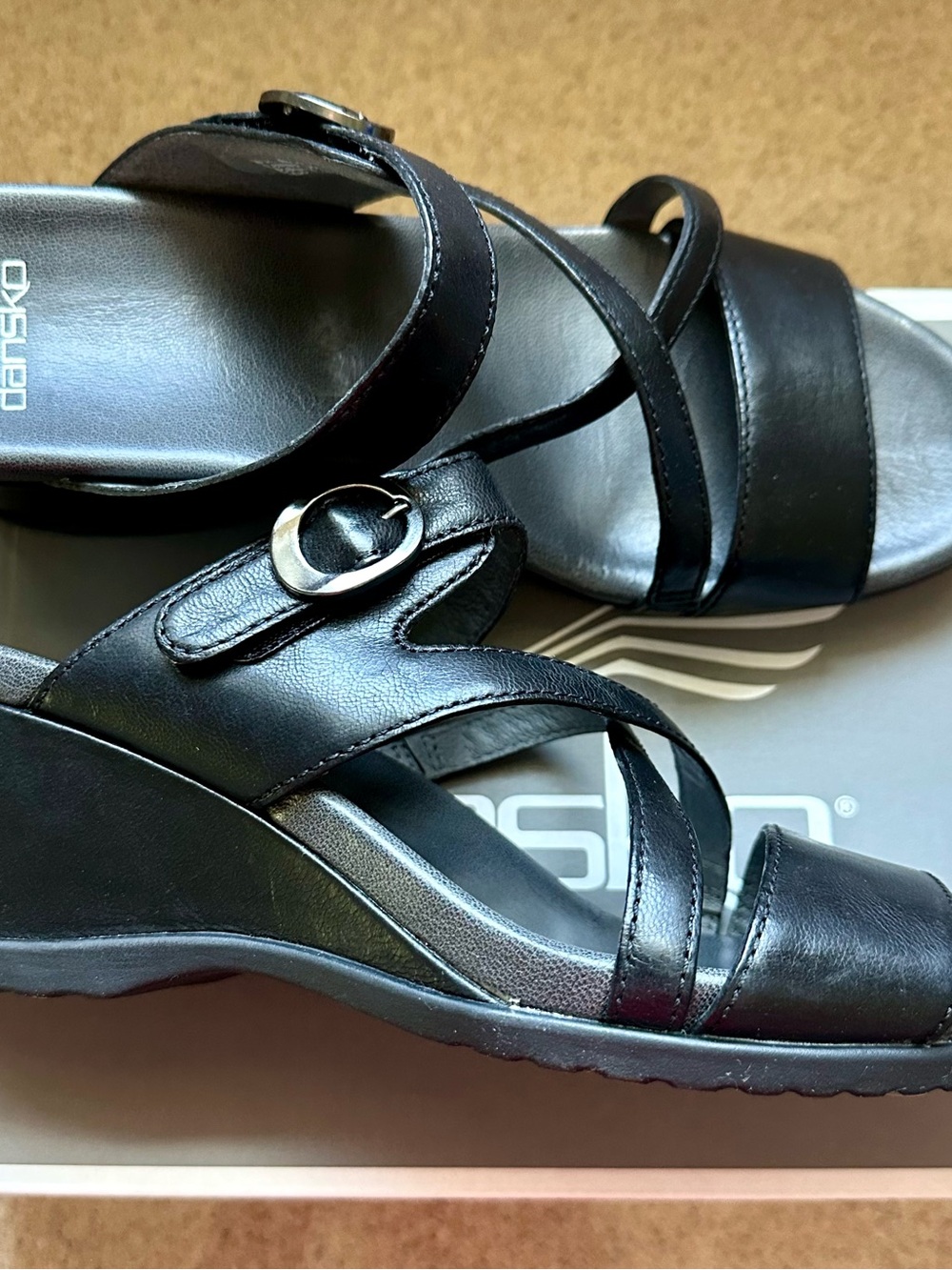 Dansko Black Leather Wedge Sandals with Buckle